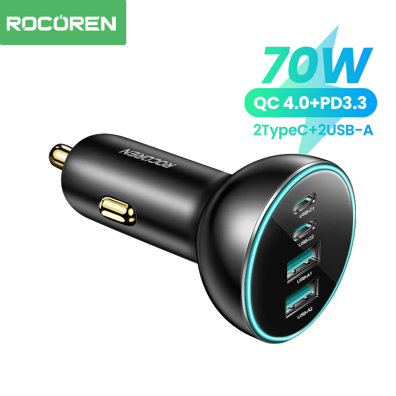 Автомобильное зарядное устройство Rocoren, 70 Вт, 4 в 1, USB Type-C, супер быстрая зарядка QC4.0 PD3.0, автомобильное быстрое зарядное устройство, адаптер для iPhone 15, Xiaomi, Samsung