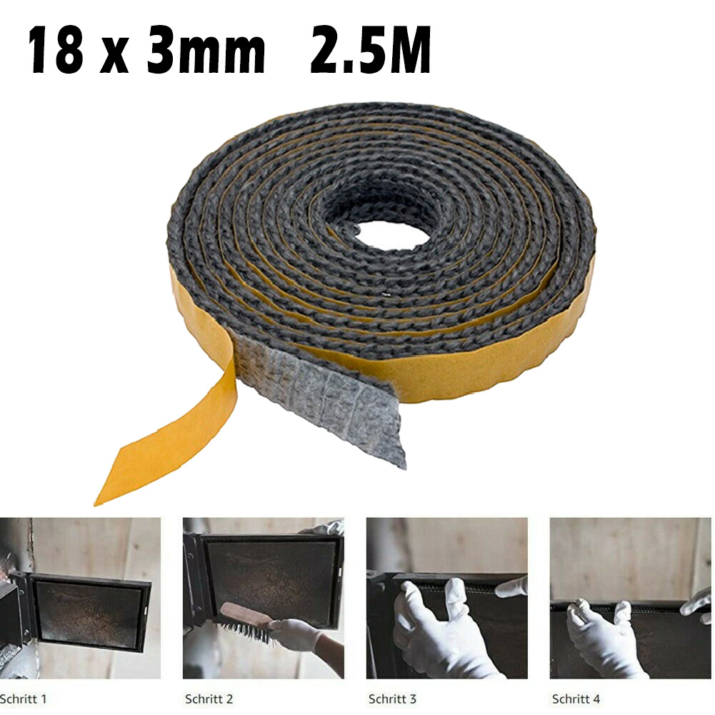 Durable Stove Rope Sealing Strip 18mmx3mm 2.5m Length Black Chimney Door Seals Fiberglass Fireplace Stove Fire Tape