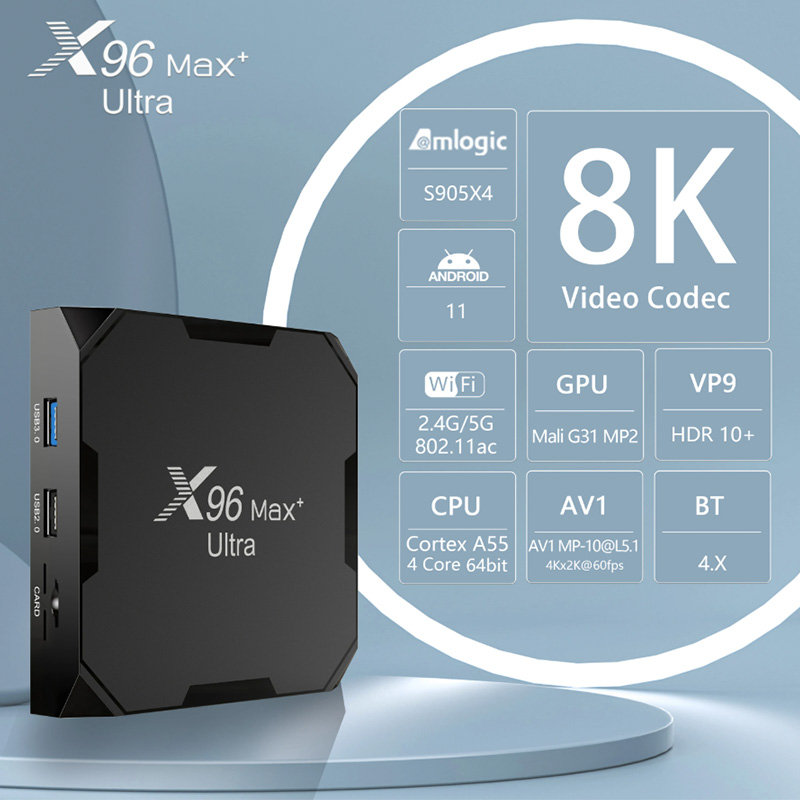 กล่องรับสัญญาณทีวี X96Max Plus Ultra ระบบ Android 11 ชิปประมวลผล Amlogic S905X4 แรม 4GB ความจุ 32GB รองรับ AV1 8K Wifi Bluetooth เครื่องเล่นมีเดีย X96 Max กล่องรับสัญญาณทีวี