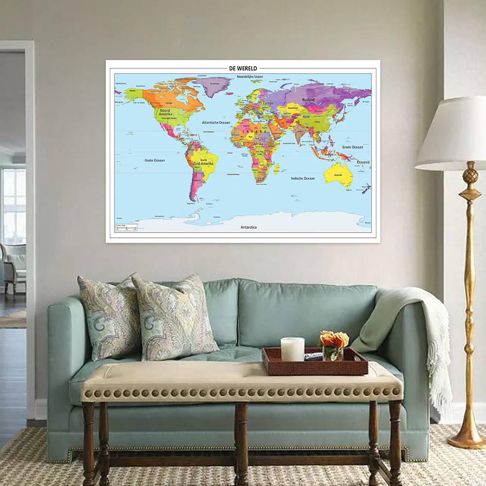 150*100cm Map of The World in Dutch Detailed Poster Non-woven Canvas Wall Art Decorative Hanging Picture Office School Supplies