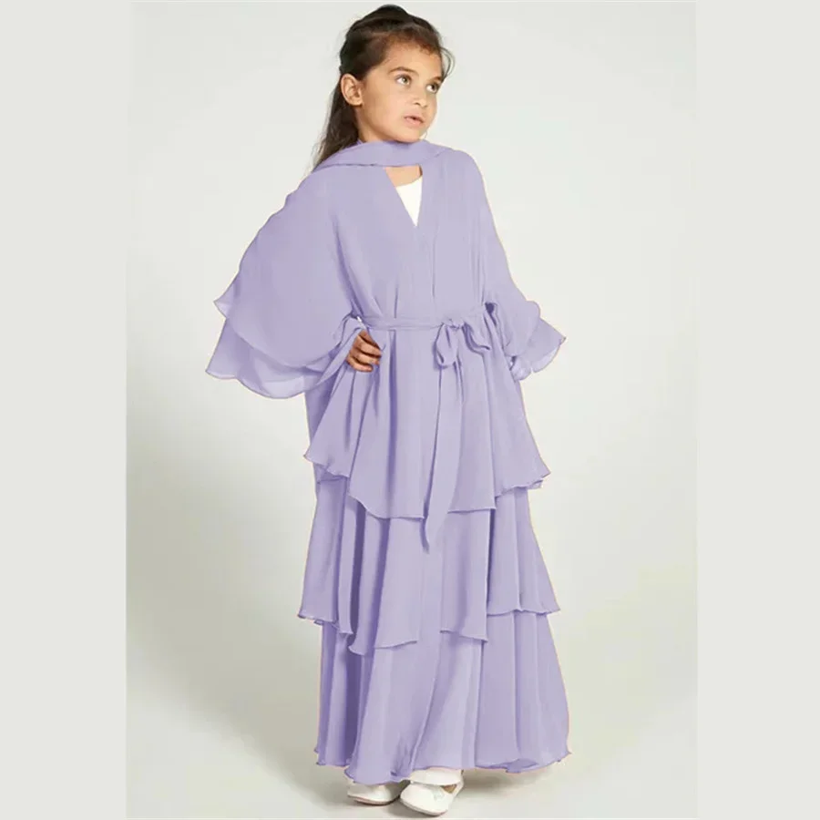 Ramadan chiffon muçulmano conjuntos crianças abaya aberto meninas hijab conjunto dubai vestidos islâmicos khimar roupas de oração para crianças longo robe