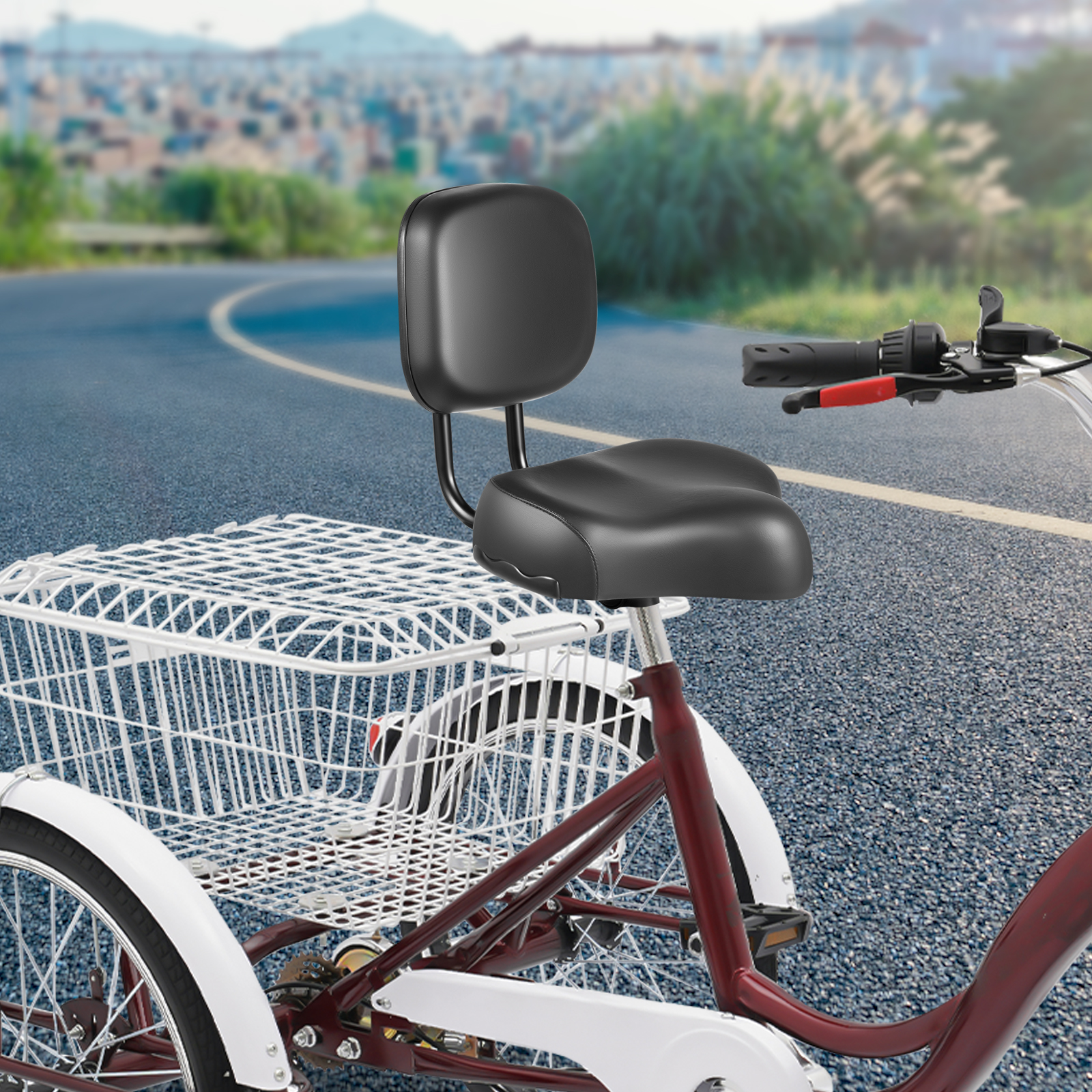 Modern Tricycle Bike Electric Bicycle Leather Saddle Seat Adjustable Height Pad Black Wide Comfort with Back Rest