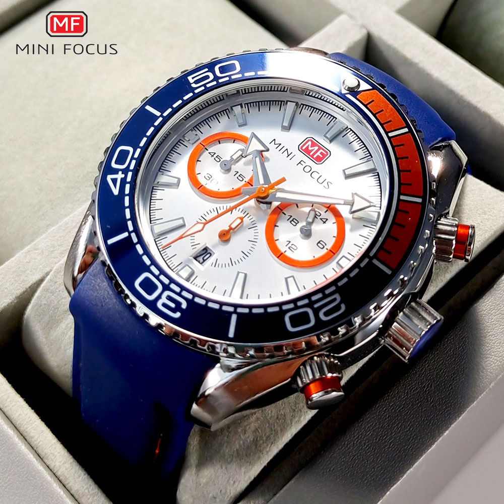 Mini foco cronógrafo relógios de quartzo para homens moda esporte relógio de pulso com data automática indicador 24 horas pulseira de silicone azul 0426
