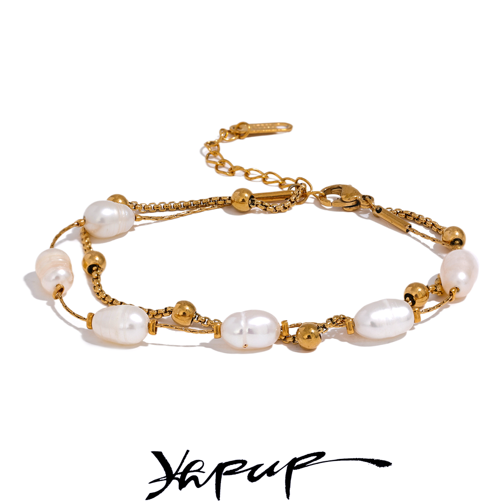 Yhpup perles naturelles Double couche chaîne en acier inoxydable bracelet à breloques bracelet femmes élégant bijoux d'été étanche