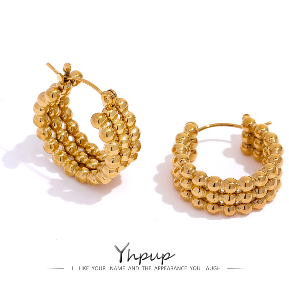Yhpup acier inoxydable métal or boucles d'oreilles mode charme femmes 18K plaqué PVD étanche bijoux perlé câlin boucles d'oreilles cadeau