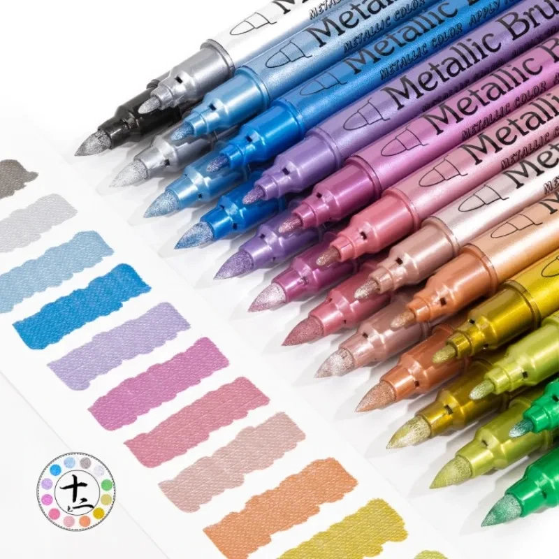 12 สี METALLIC MARKER ปากกา Medium Point Markers Art MARKER โลหะ ROCK ภาพวาดสีดํากระดาษทําเครื่องเขียนอุปกรณ์โรงเรียน