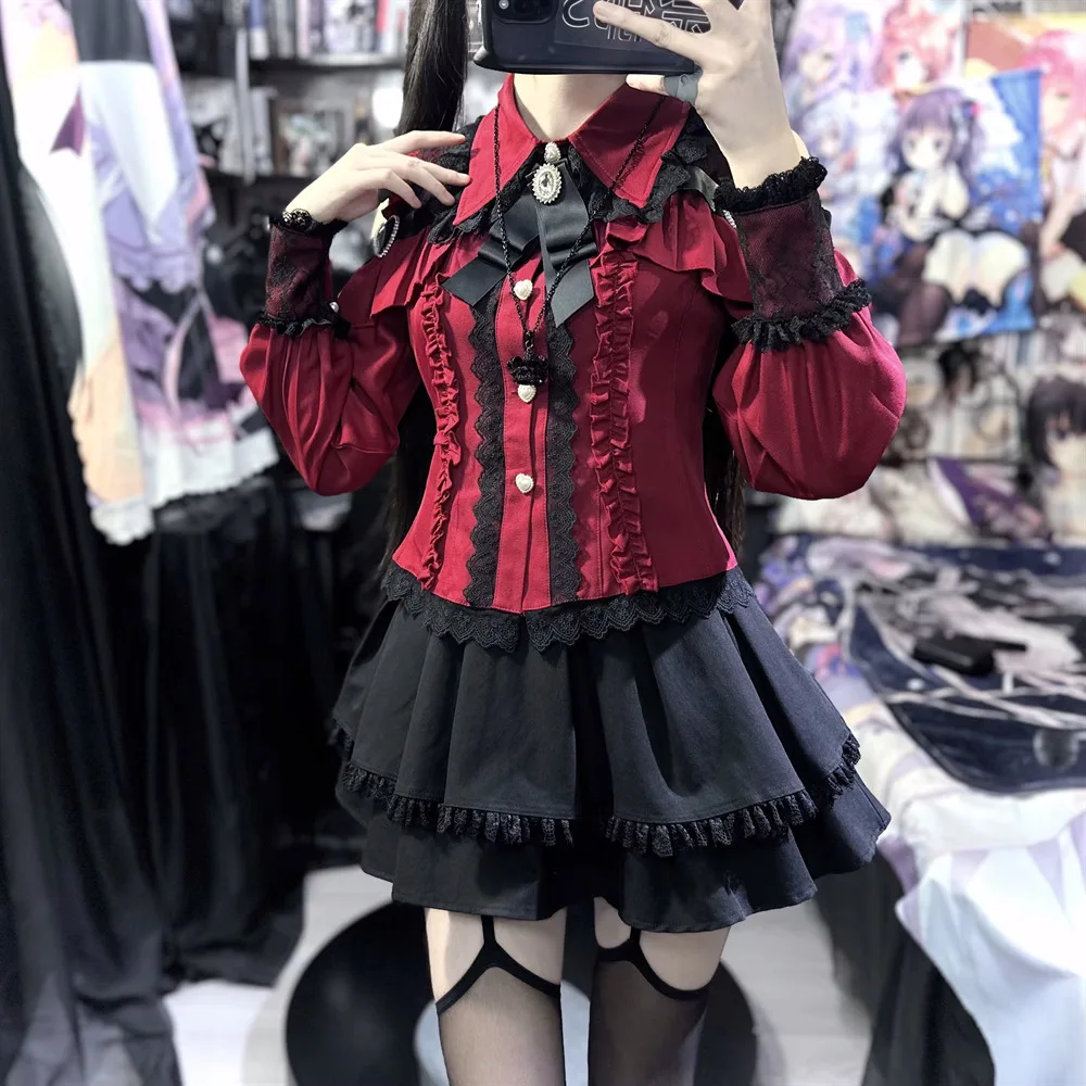 Zestaw Lolita w stylu Dark Sweet Heart, bluzka z falbankami i spódnica w kształcie litery A, uroczy kawaii japoński styl gotycki, rozmiary S-XL
