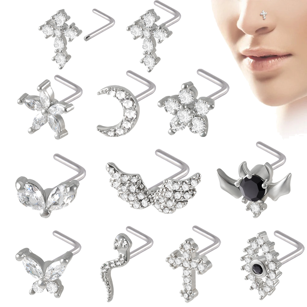 1 Stuk Chirurgisch Staal Neusbeen Ring Cz Kruis Bloemen Vlindervleugels Top Schroef Neus Piercing Houder Nazir Stud Sieraden