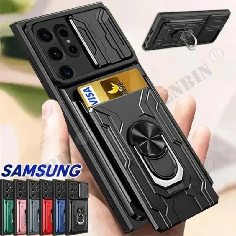 Étui antichoc pour Samsung S26 S25 S24 S23 S22 Ultra Plus FE A55 A35 A16 5G avec support, anneau, protection caméra, qualité militaire et fente pour carte