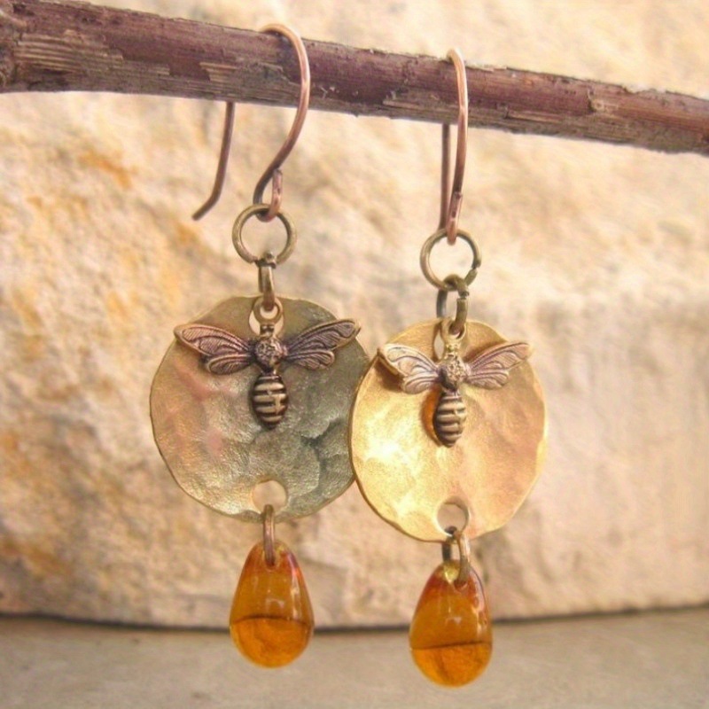 Pendientes Vintage de Color dorado y cobre para mujer, joyería redonda de abeja, pendientes colgantes, regalo de fiesta