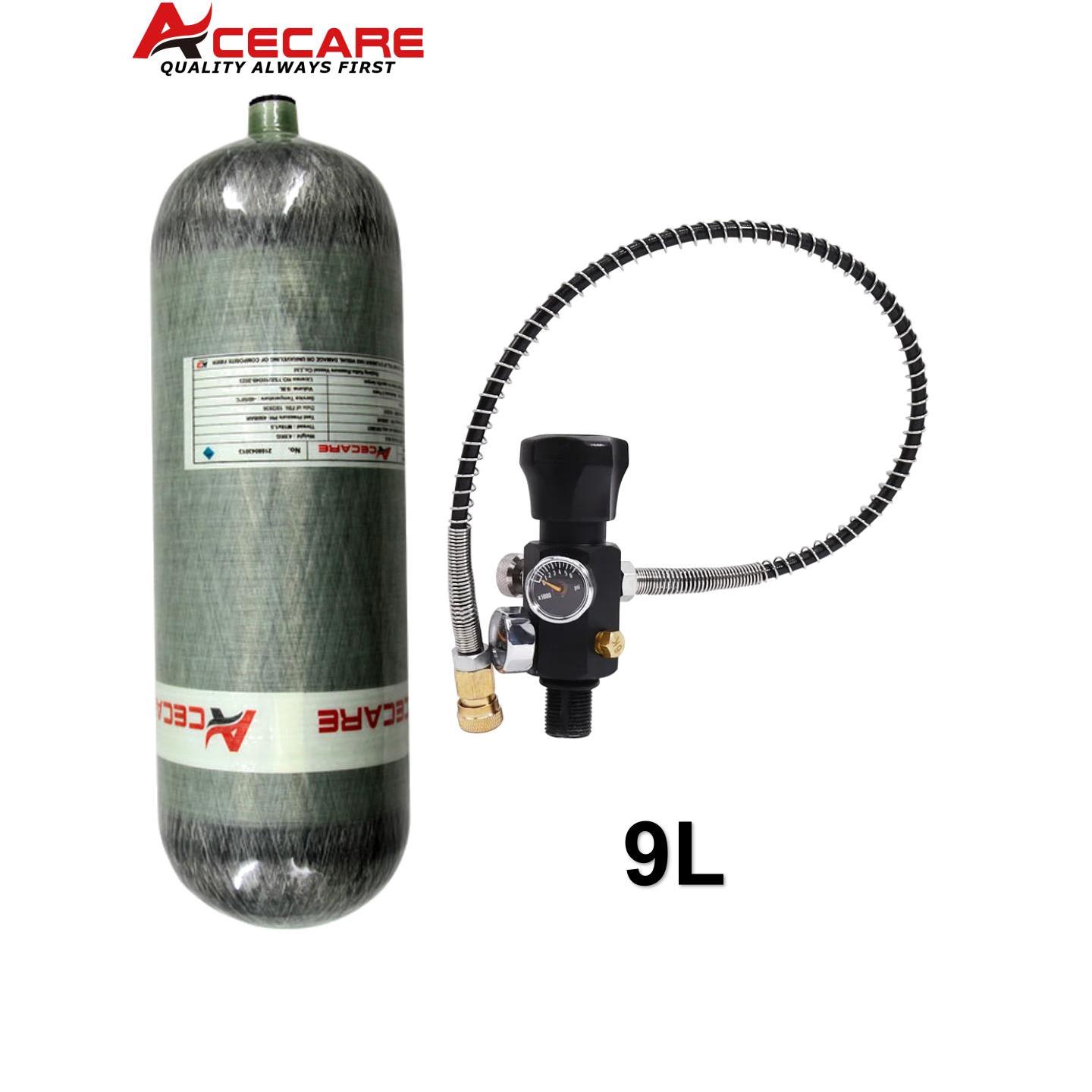 Acecare 9L CE คาร์บอนไฟเบอร์ดําน้ําถังขวด 30Mpa 300Bar 4500psi พร้อมวาล์วเติมสถานี M18 * 1.5 SCBA Firesafety