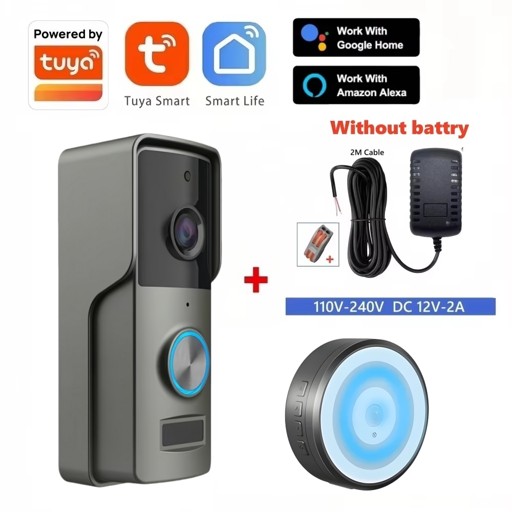 Inteligentny dzwonek wideo Tuya Smart WiFi, zasilany przewodowo DC 12V 2A, z baterią 4800mAh, bezprzewodowy dzwonek zewnętrzny, kompatybilny z Alexa i Google Home.