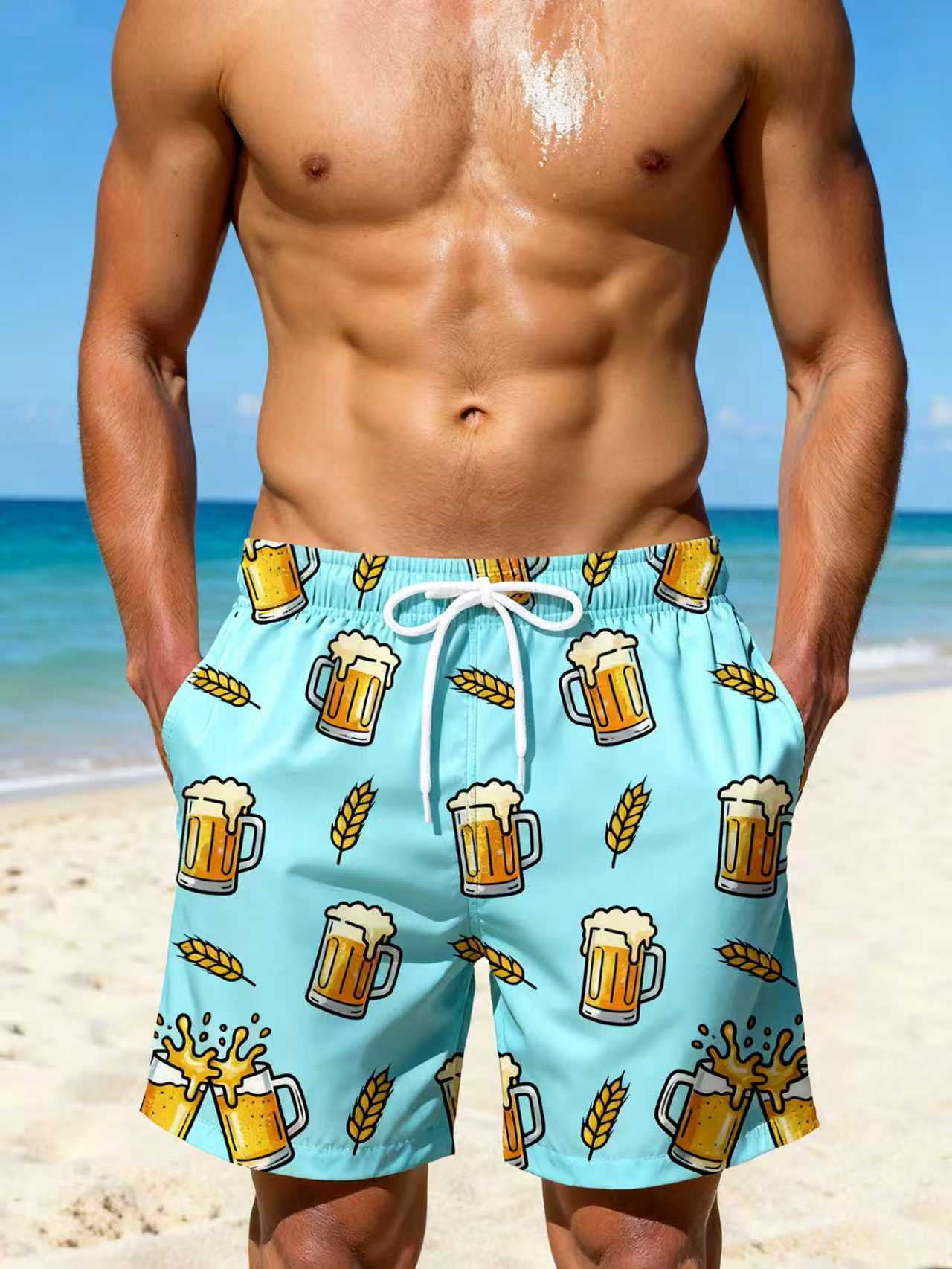 Calções de Banho Masculinos com Estampa de Cerveja, Secagem Rápida, Azul Claro, Cintura Elástica com Cordão, Shorts de Praia com Bolsos, Casual de Verão para Surf