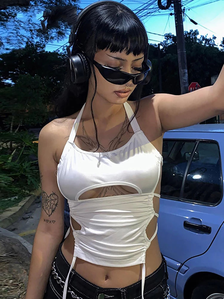 Y2k sexy sem costas verão colheita topo feminino oco para fora 2024 branco sem mangas bandagem halter regata streetwear cami 90s
