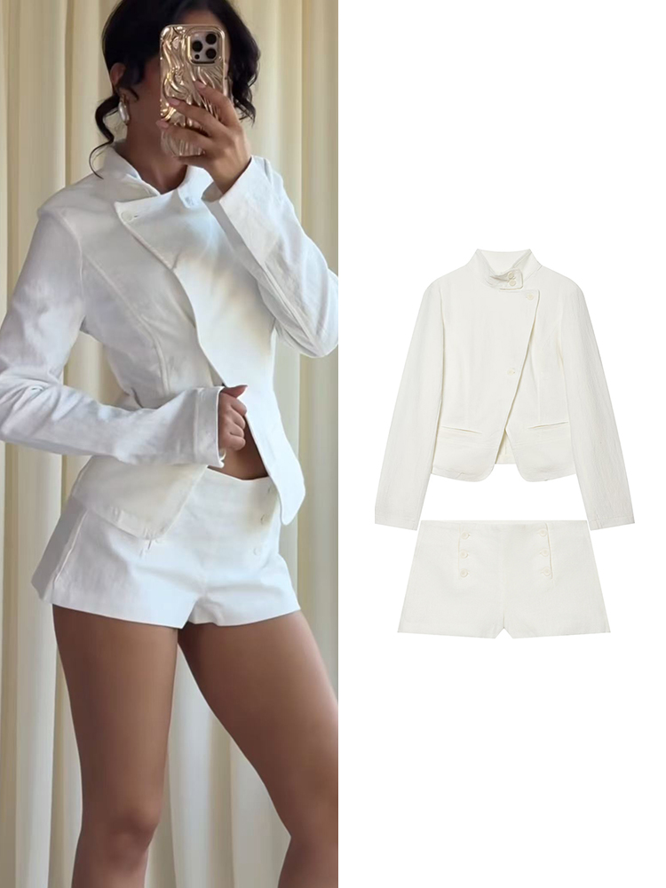 TFMLN Modische Damen-Jacken-Shorts-Sets Stehkragen Langarm Kurze Jacken Mini Gerade Kurze Hose 2026 Sommer Damenanzug