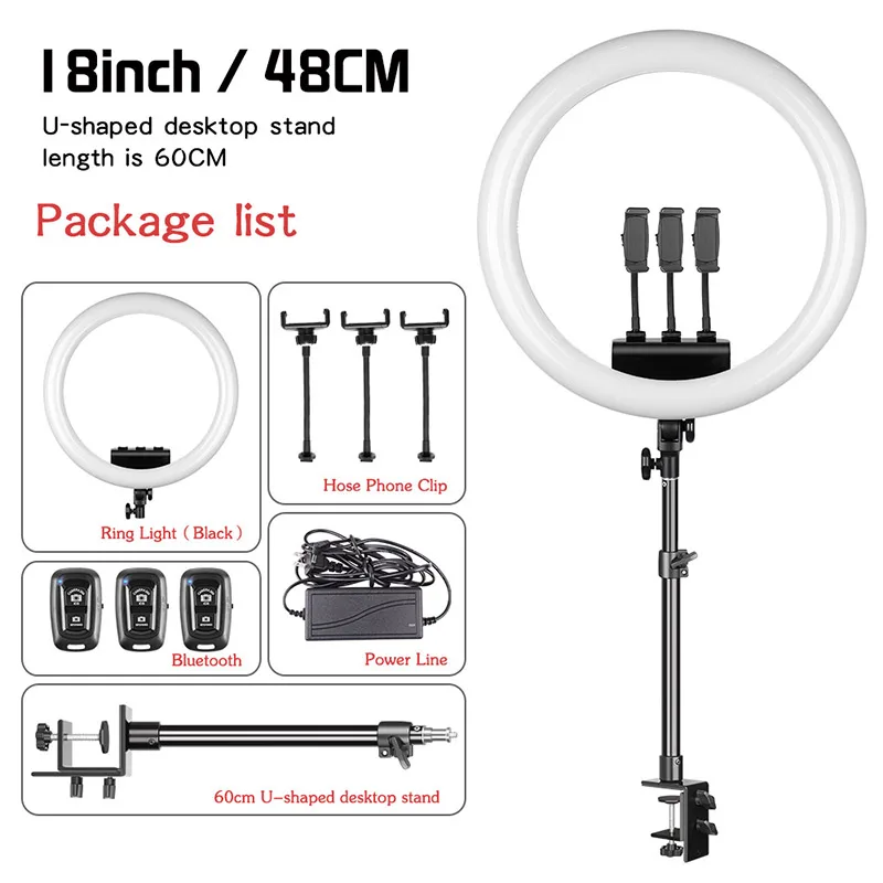Anillo de luz LED regulable de 18 pulgadas, Kit de iluminación de 36W con soporte de escritorio de 60cm, 3200k-5600k, temperatura de Color para maquillaje Vlog