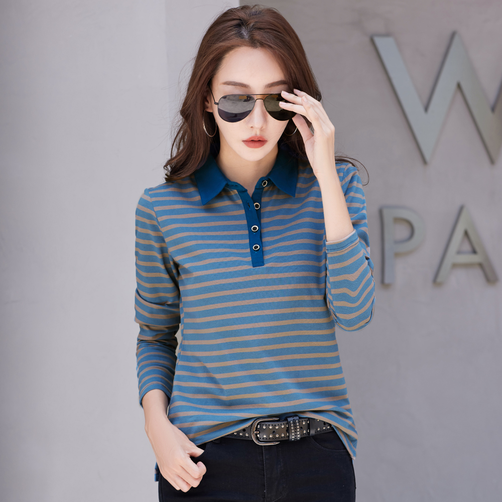 Koreańska moda Bawełniana koszulka polo z długim rękawem dla kobiet Stretch Plus Size Jesienne smukłe dzianinowe polo dla kobiet T shirt w paski