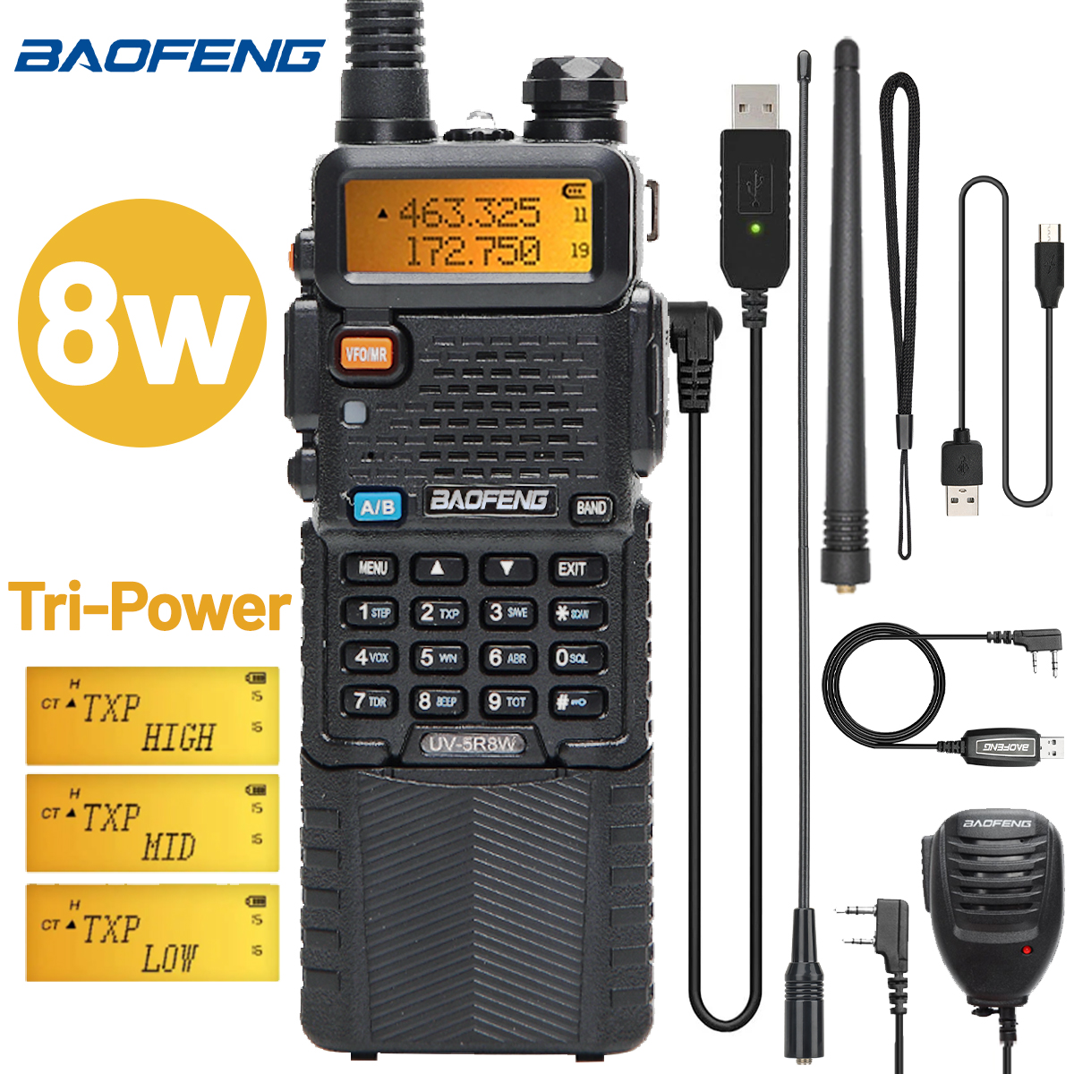 Baofeng UV-5R 8W 3800 Walkie Talkie Tri-Power Dual Band VHF UHF Portátil de longo alcance de alta potência portátil CB Ham Rádio em dois sentidos