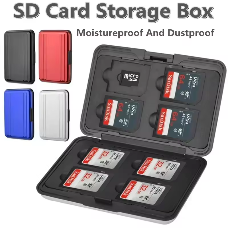 Srebrne etui na 16 kart pamięci, przenośne, dwuwarstwowe aluminiowe pudełko ochronne na karty Micro SD, SD, SDHC, SDXC i MicroSD.