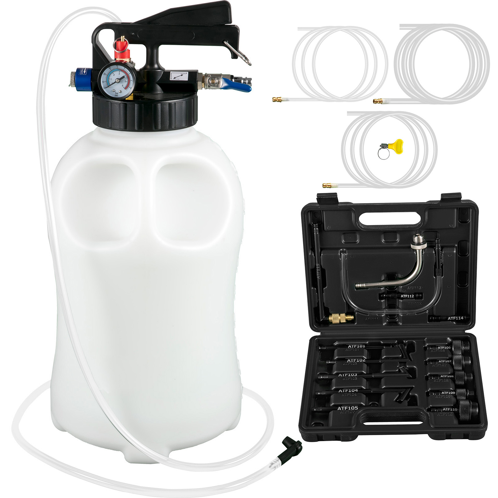 SucceBuy Transmissievloeistofpomp 10L ATF-pomp Brandstofextractie met tweewegregeling Manometer 14 gemeenschappelijke adapters voor auto's