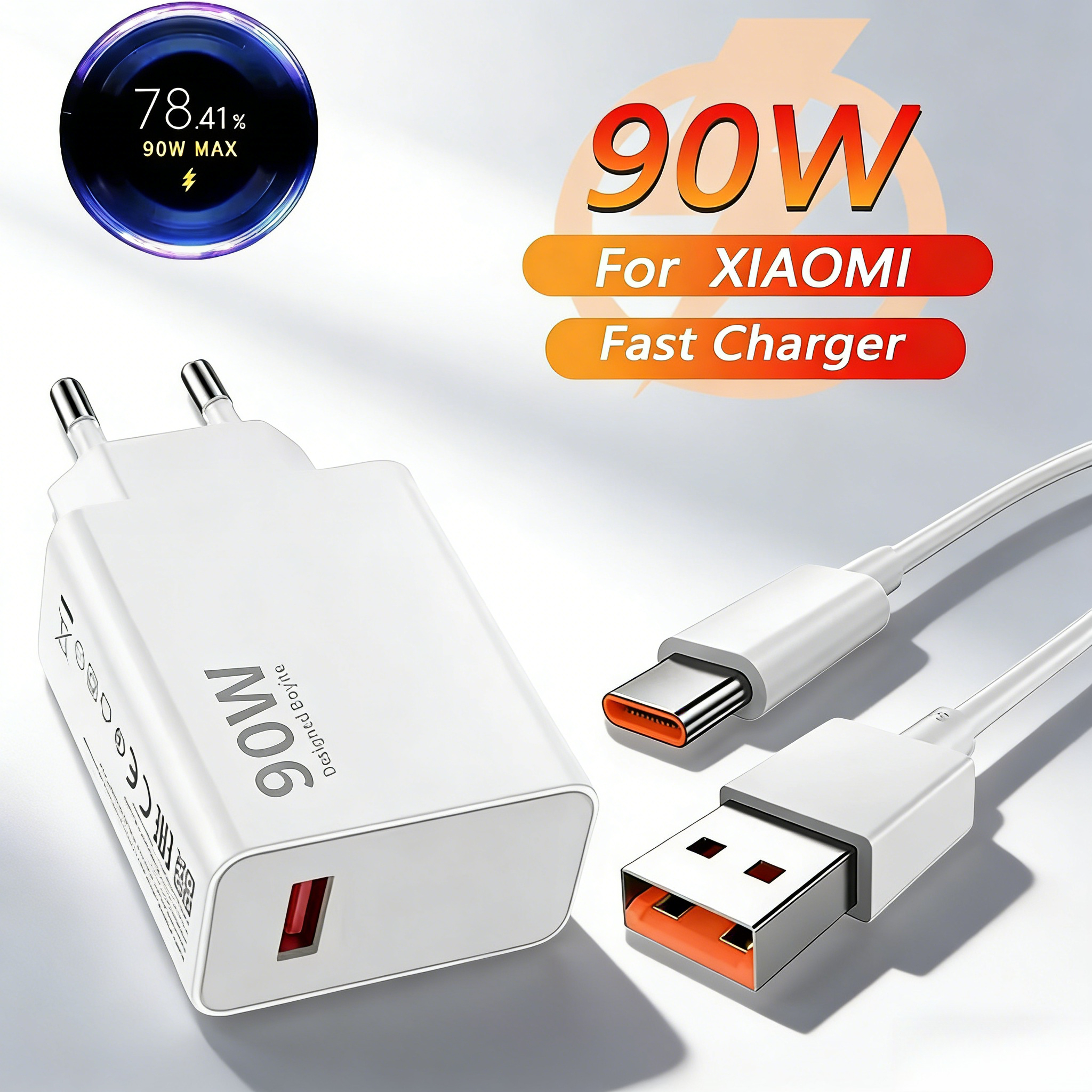 90W急速充電対応スマホ充電器、Quick Charge 3.0対応壁掛けアダプター、6A Type-Cデータケーブル付き、Xiaomi 17、15、14 Pro、Redmi Note 13用