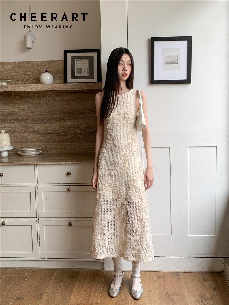 CHEERART-Vestido largo de ganchillo sin mangas para mujer, vestido Midi de línea A, Floral, Beige, diseñador de lujo para fiesta, verano, 2023