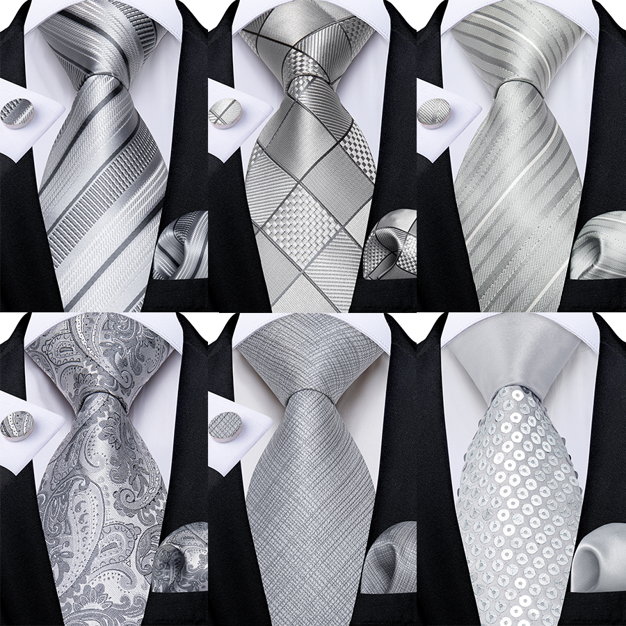 Gris plata blanco rayas Paisley Floral seda 8cm corbatas de hombre pañuelo gemelos negocios boda novio accesorios corbata