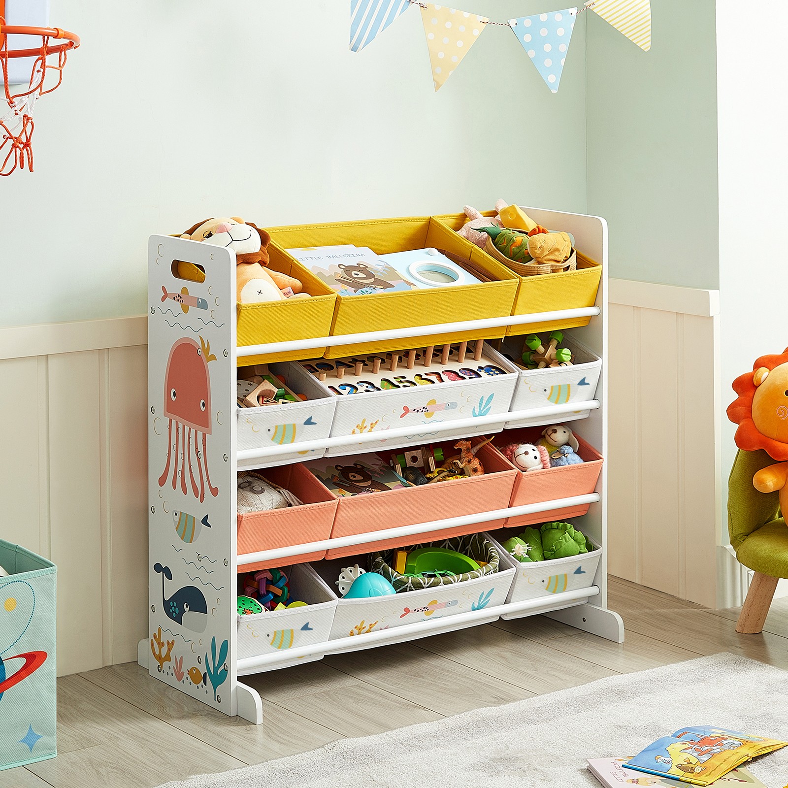 SONGMICS-estante para juguetes con 12 contenedores de tela, organizador de libros para niños, almacenamiento para sala de juegos, multiusos, blanco