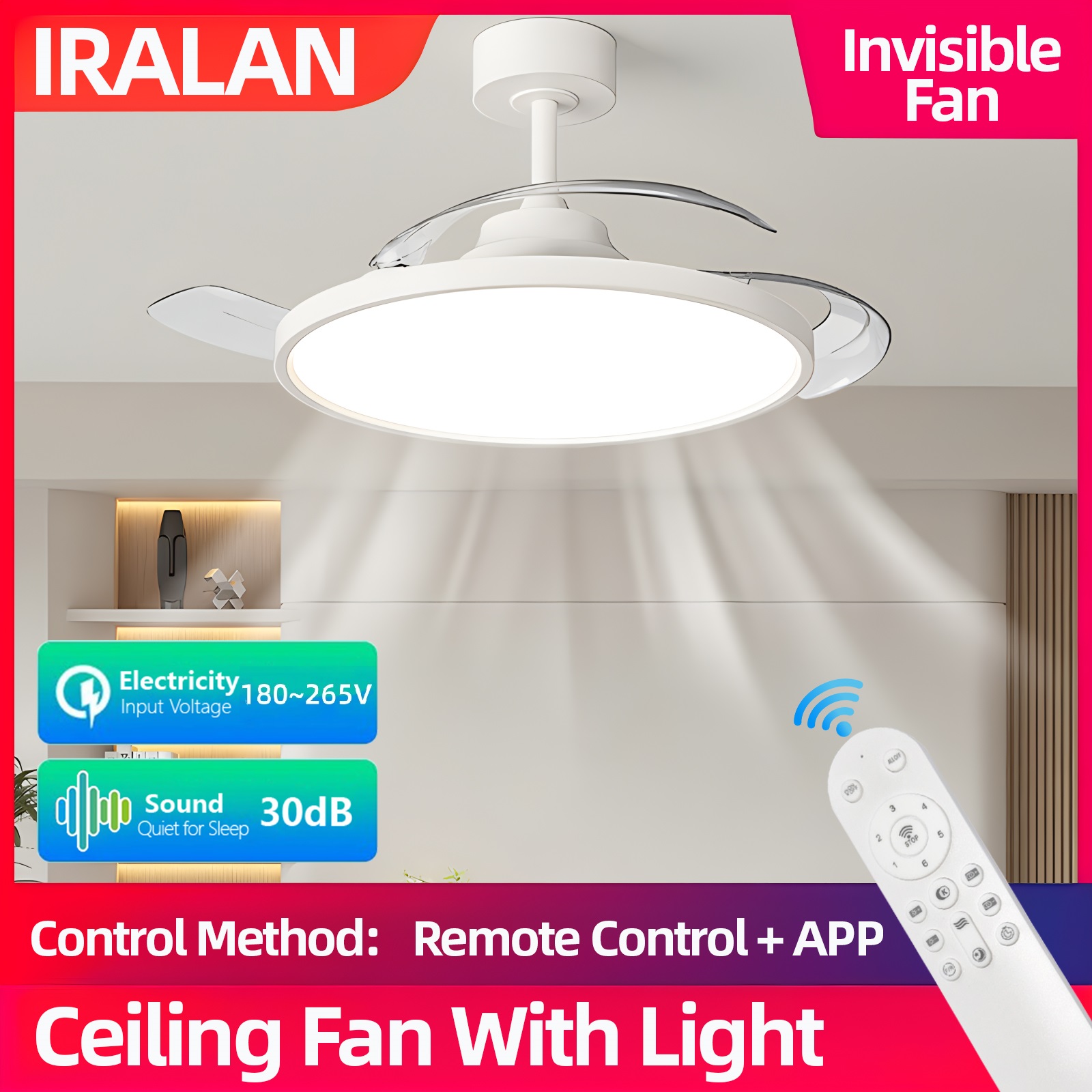 Intelligente Deckenventilatoren mit Lichtern, Fernbedienung, Schlafzimmer-Dekoration, Ventilatorlampe, Luft, unsichtbare Flügel, einziehbare, leise Deckenlampe
