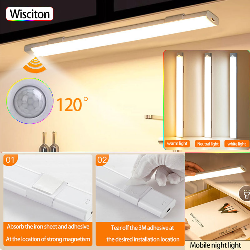 LED Cabinet Lights Motion Sensor Rechargeable Under Ultra Thin Night Light For Kitchen Cabinet Bedroom Wardrobe Indoor Lighting