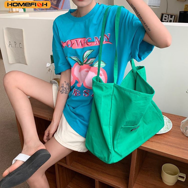 HOMEFISH กระเป๋าผ้าแคนวาสคุณภาพสูงกระเป๋าสะพายช้อปปิ้งแบบใช้ซ้ำได้ผู้หญิงเรียบง่ายสบายๆใช้ทุกวันกระเป๋าถือกระเป๋าถือหญิงแบบพกพา
