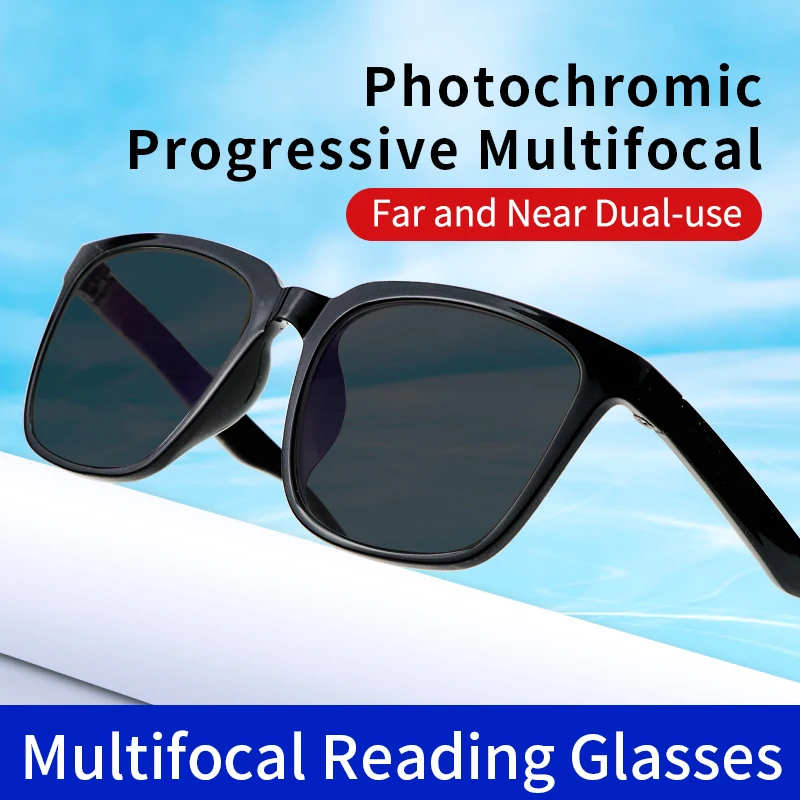 Occhiali da lettura Multifocus progressivi grigi fotocromatici per uomo, occhiali rettangolari grandi oversize con montatura completa leggera