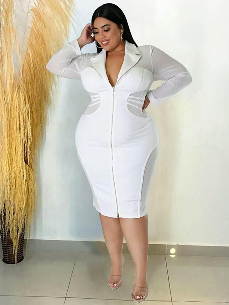 Vestidos apertados para as mulheres manga longa plus size vestido sexy slinky transparente malha frente zip vestido atacado dropshipping a granel