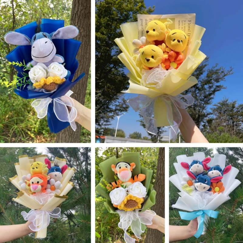 Cartone animato Winnie the Pooh bambola di peluche giocattolo bouquet di fiori fatto a mano matrimonio San Valentino regali di laurea di Natale