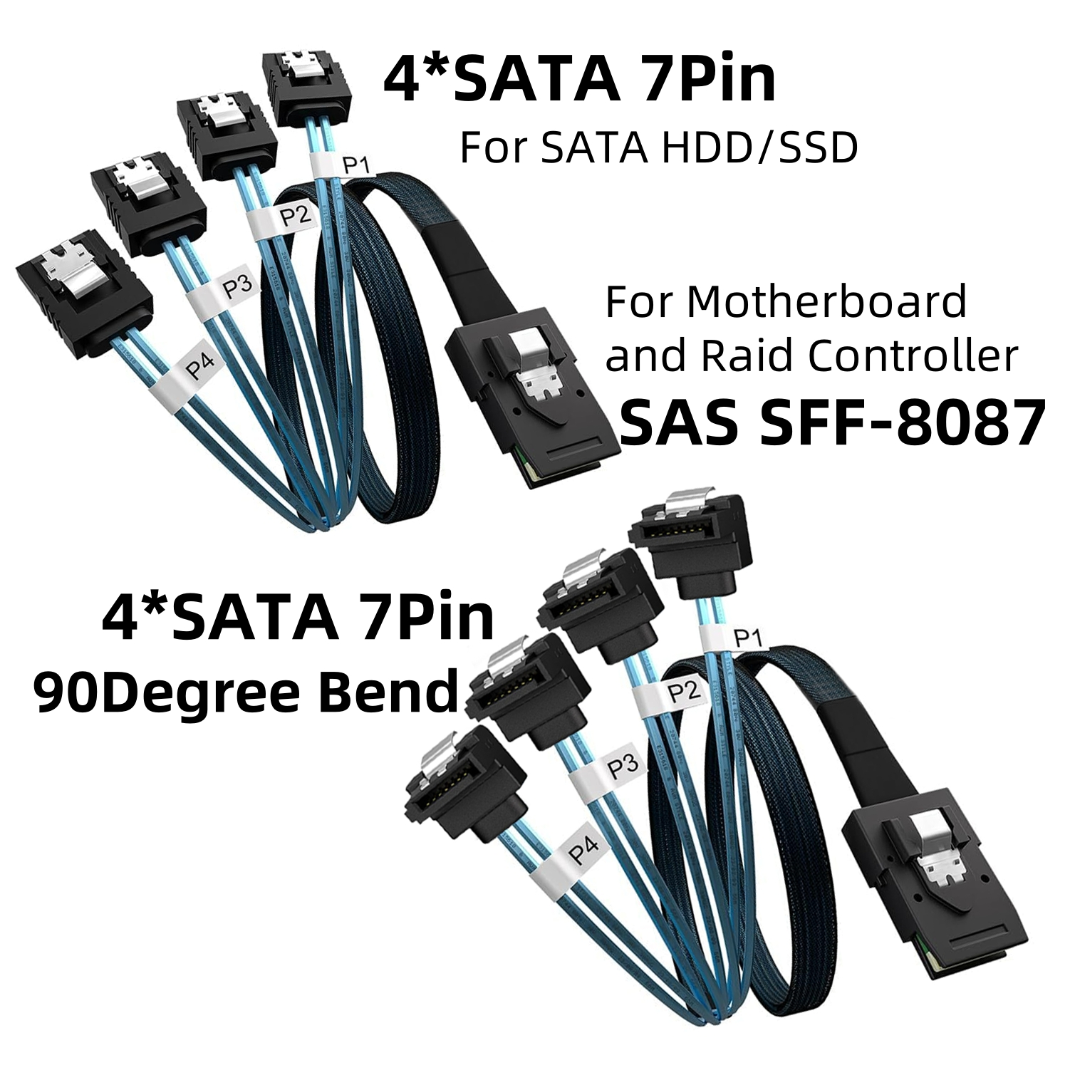ภายใน Mini SAS SFF-8087 ถึง 4 SATA 7Pin สาย LATCHING Connector 6Gbps 90 องศาสําหรับ Server SSD HDD RAID CONTROLLER