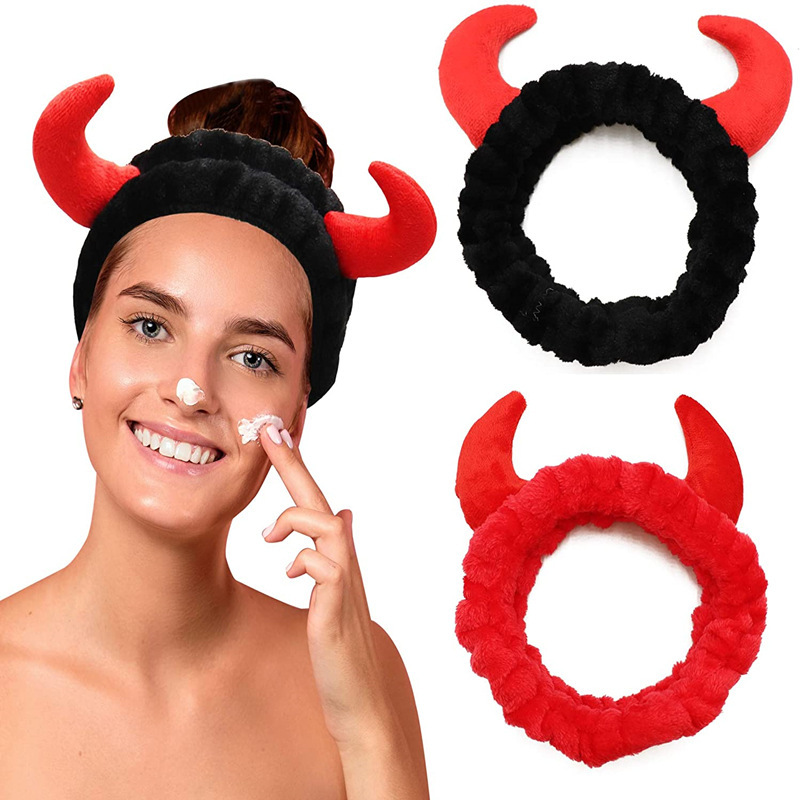 Diadema de felpa con cuernos rojos para mujer y niña, banda elástica suave para el cabello, banda para el cabello de terciopelo para deporte, Bandana de fiesta, accesorios para el cabello
