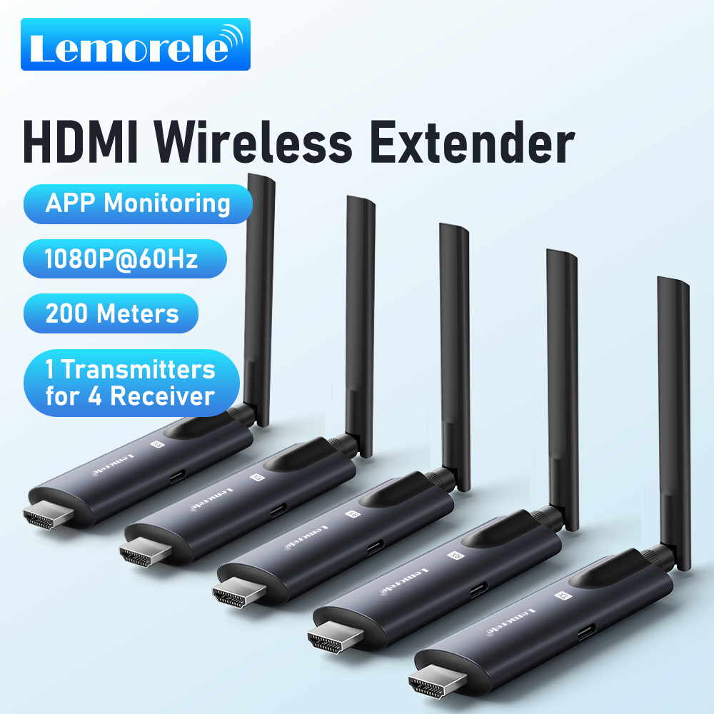 Transmissor e Receptor HDMI Sem Fio Lemorele 200m com Monitoramento por APP, Kit Extensor Plug & Play, Transceptor de Vídeo para PC, TV e Projetor