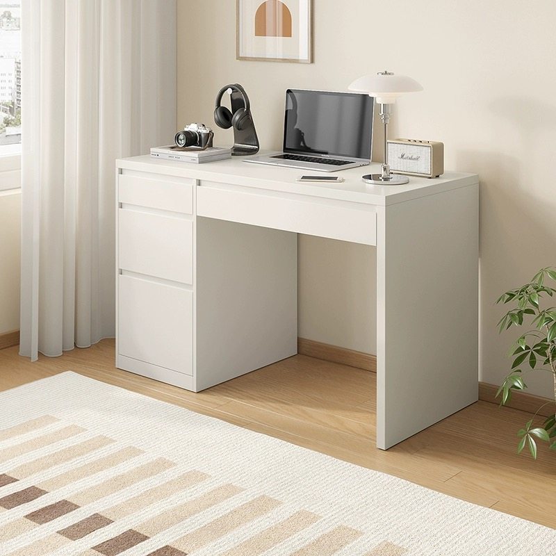 Escritorio de oficina blanco, moderno, pequeño, de madera, con almacenamiento, bonito, minimalista, con cajones, mesa para ordenador, muebles para el hogar