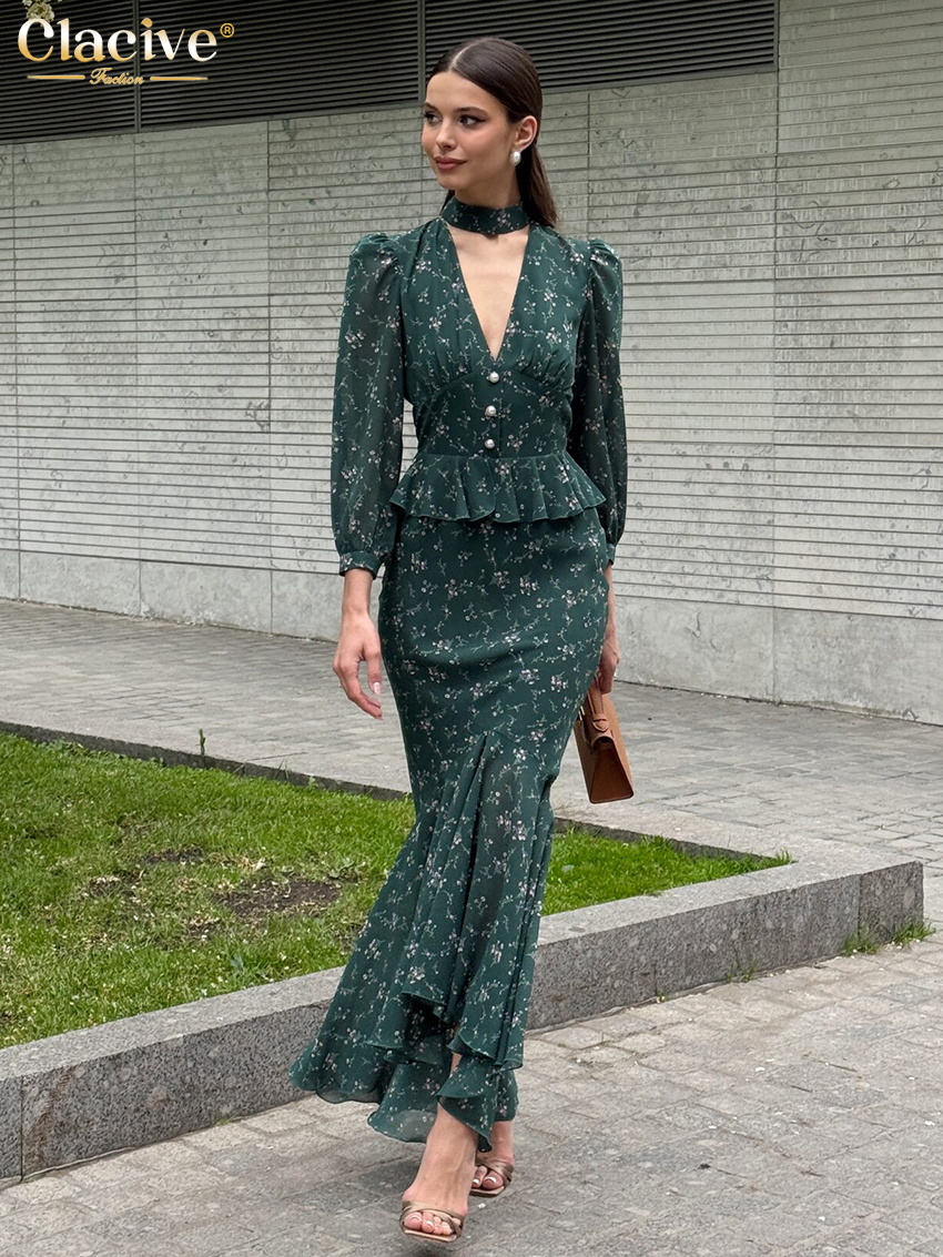 Clacive Mode Slanke Print 2-delige sets Vrouw Outfit 2025 Elegant shirt met lange mouwen en hoge taille Lange rok Set Streetwear