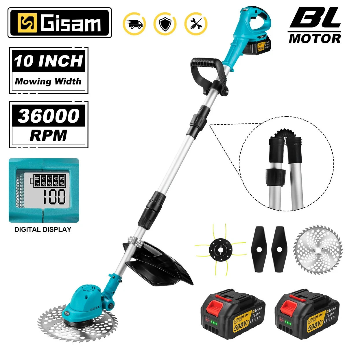 G nto 10 Zoll bürstenloser elektrischer Rasenmäher 36000 U/min Rasentrimmer, längenverstellbar, Garten-Elektrowerkzeug für Makita 18 V Akku-Pin