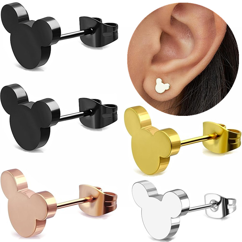 1 pasang anting-anting kancing tikus lucu anting-anting kancing telinga kelinci hitam baja tahan karat kancing telinga kartun kecil Gotik pria untuk anak-anak remaja perempuan