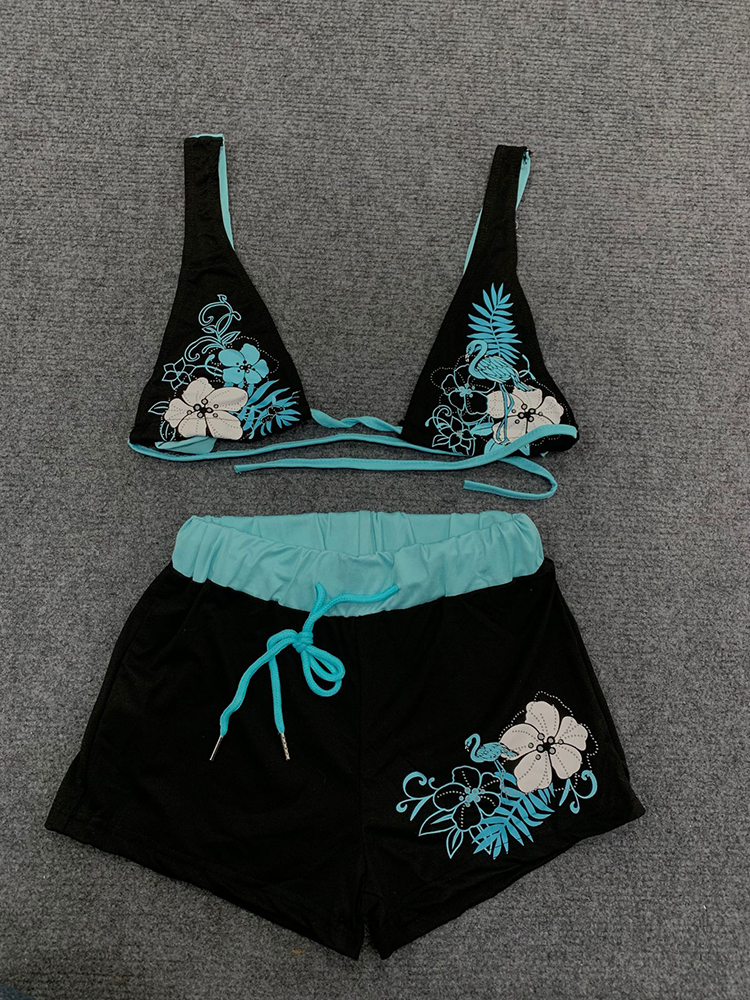 Set Celana Pendek Bra Suspender Gambar Bunga Kontras Vintage Cantik Bikini Dua Potong Wanita Seksi Seksi Fashion Ins Pantai Musim Panas