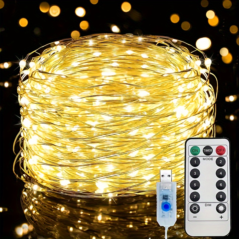 Lámpara de alambre de cobre con Control remoto, 5/10/20/30M, con 8 funciones, cadena de luces LED USB, corona de flores, lámpara de decoración navideña para bodas