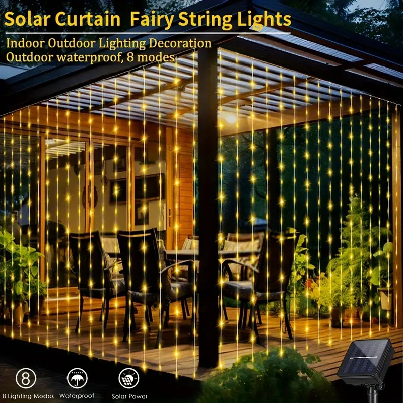 Solarbetriebene LED-Vorhang-Lichterkette für den Außenbereich, wasserdicht, Kupferdraht, Lichterkette für Hochzeit, Party, Garten, Hof, Weihnachtsdeko