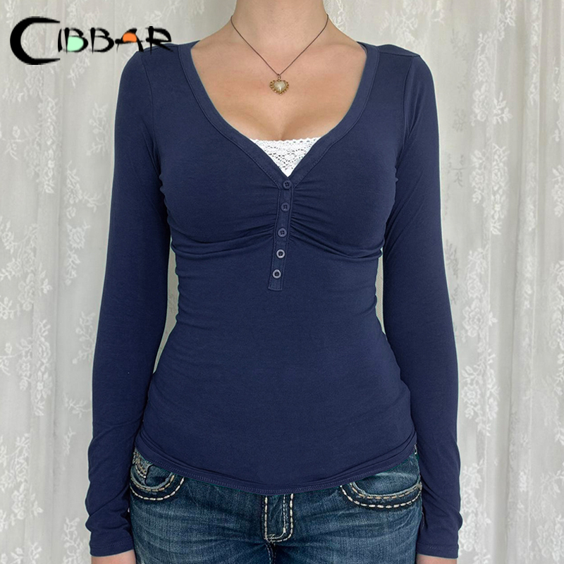 CIBBAR パッチワーク偽ツーピース Tシャツヴィンテージステッチボタンクロップトップ女性 Y2k フルスリーブ Tシャツ 2000 年代美的春