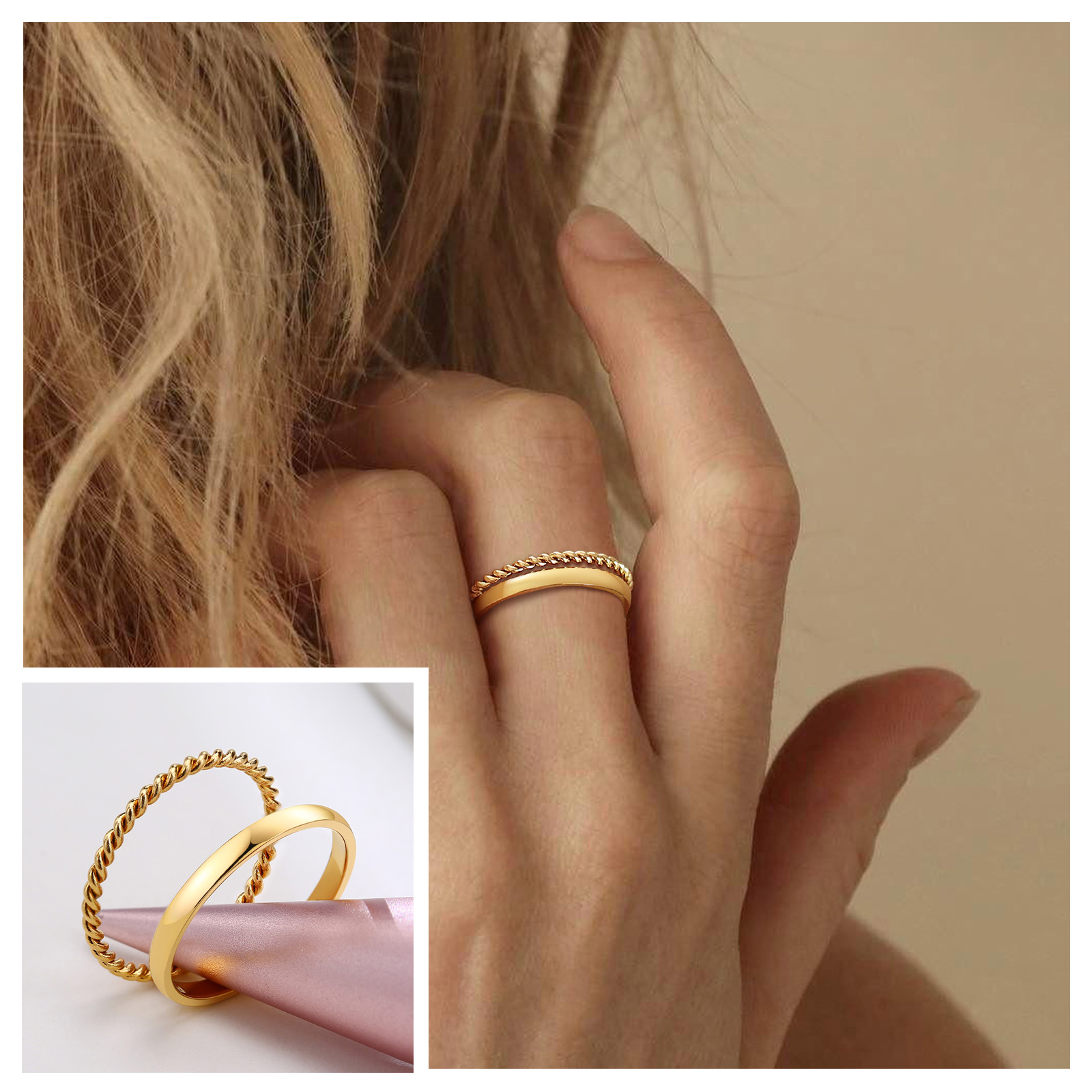 Conjunto de 2 anéis de empilhamento para mulheres, aço inoxidável, 2 mm, fino, cor dourada, formato de cúpula, joias minimalistas