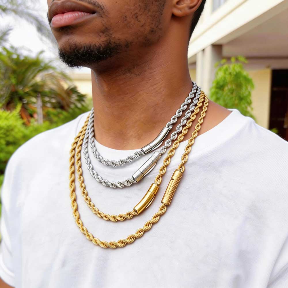 Collier chaîne en corde de 6mm en acier inoxydable, ne se décolore jamais, ras du cou étanche pour hommes et femmes, bijoux chaînes de couleur or, cadeau
