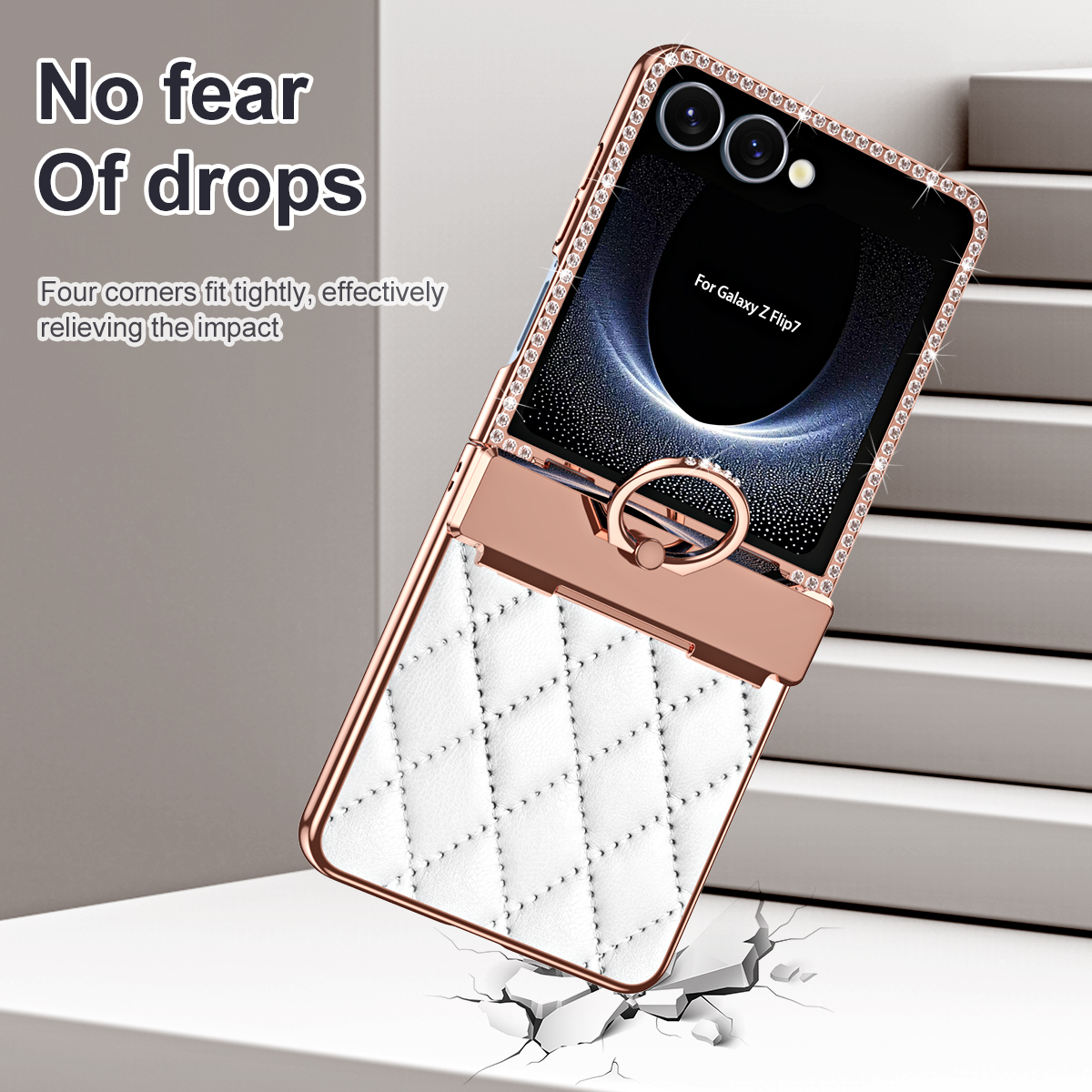 Untuk Samsung Galaxy Z Flip 7 Berlapis Kulit Bertekstur Glitter Berlian dengan Cincin Gantung Casing Ponsel Anti Sidik Jari