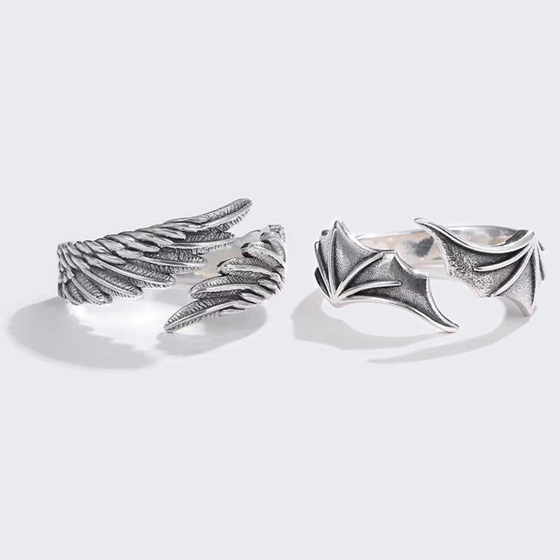 Angel Wings Vintage คู่แหวนเปิดชุดสุภาพสตรีออกแบบบุรุษเงินโบราณ Devil Wings แหวนคู่รักเครื่องประดับพรรค