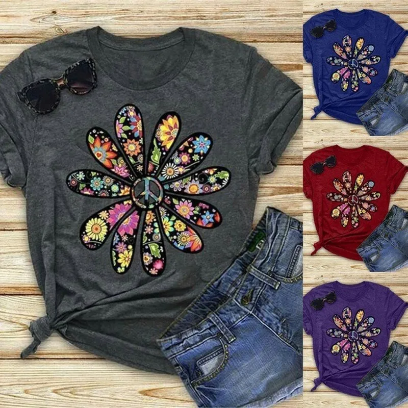 Maglietta colorata con stampa petalo margherita donna manica corta O collo maglietta allentata maglietta estiva da donna top Camisetas Mujer